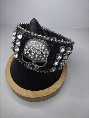 Black Leather Rhinestone Skull Cuff Studded Punk Bling Bracelet 9"